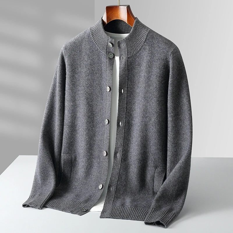 Ivory cashmere cardigan minimalist cut with tonal buttons and structured stand collar