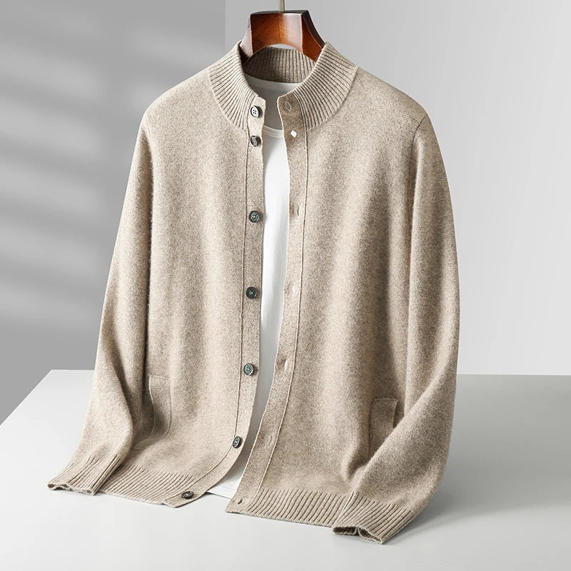 Ivory cashmere cardigan with structured stand collar and tonal buttons, minimalist refined style
