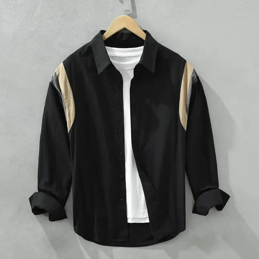 Tristan colorblock cotton long sleeve shirt with bold contrast shoulder panels, modern casual fit
