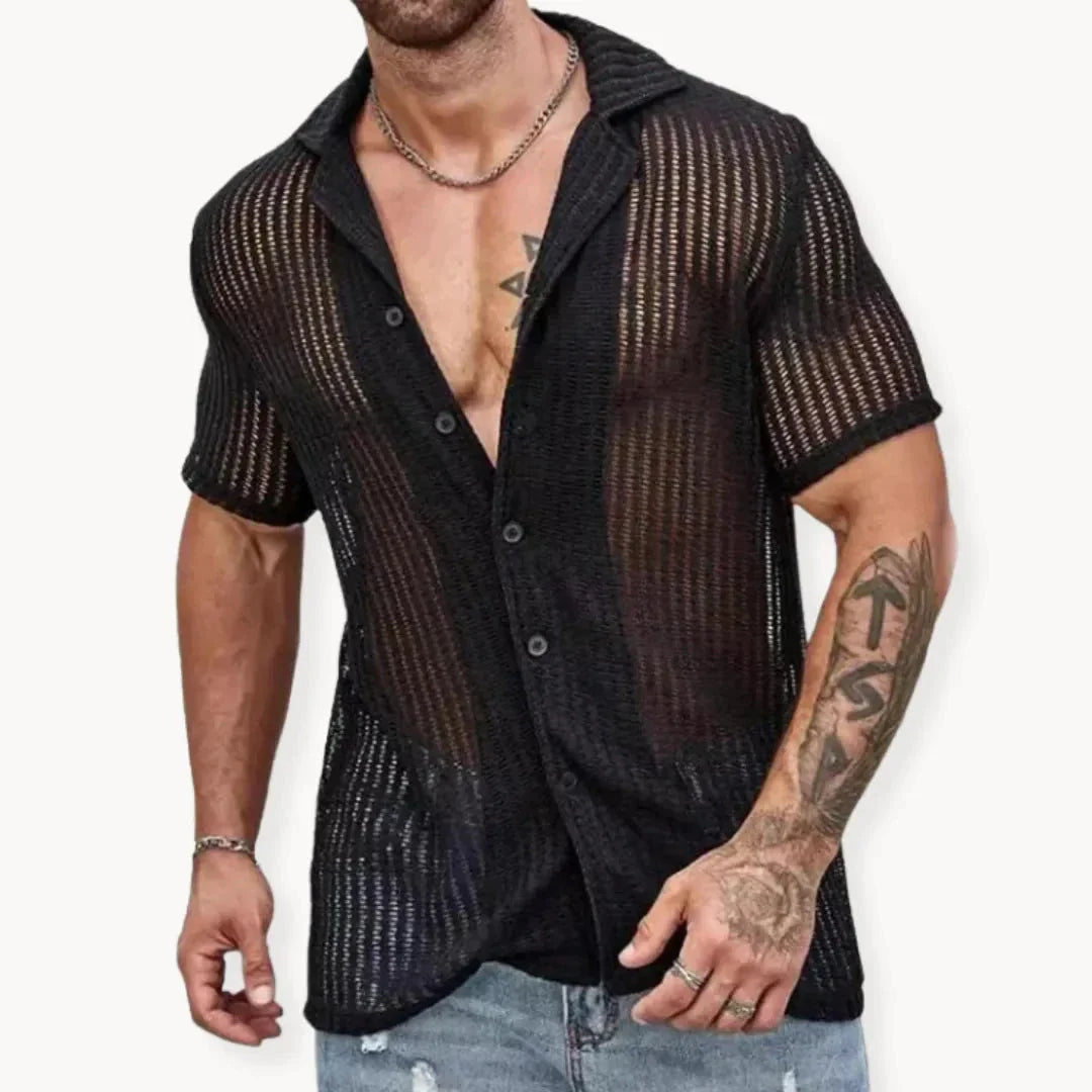 Men's hollow knit mesh button-down summer shirt, breathable open-weave streetwear beach style