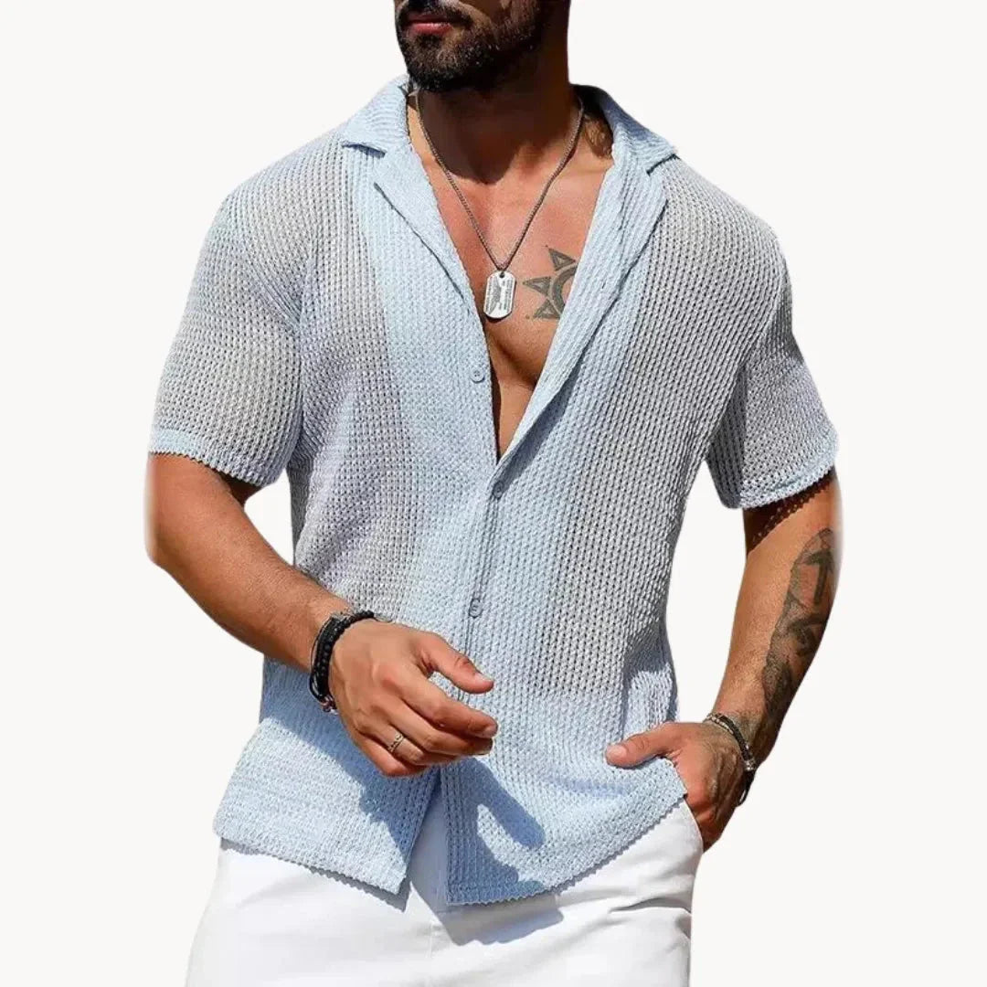 Men's hollow knit button-down shirt, breathable mesh open-weave design for beach streetwear