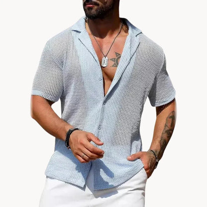 Men's hollow knit button-down shirt, breathable mesh open-weave design for beach streetwear