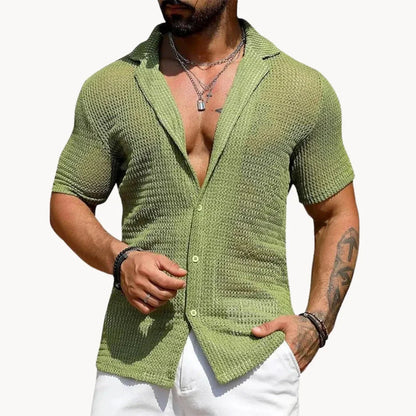 Men's hollow knit mesh button-down shirt, breathable open-weave summer streetwear beach style