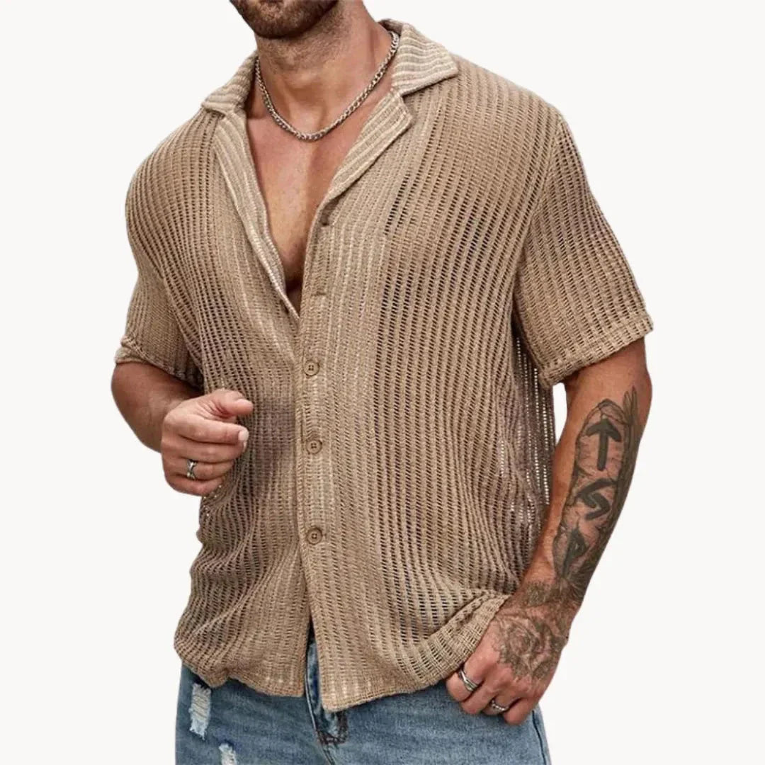 Men's white hollow knit button-down shirt breathable mesh open weave beach streetwear style
