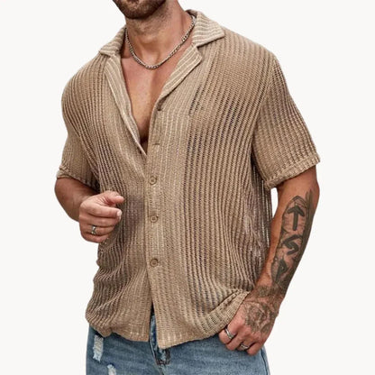 Men's white hollow knit button-down shirt breathable mesh open weave beach streetwear style