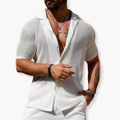 Men's hollow knit button-down shirt, breathable mesh open-weave fabric, streetwear beach style