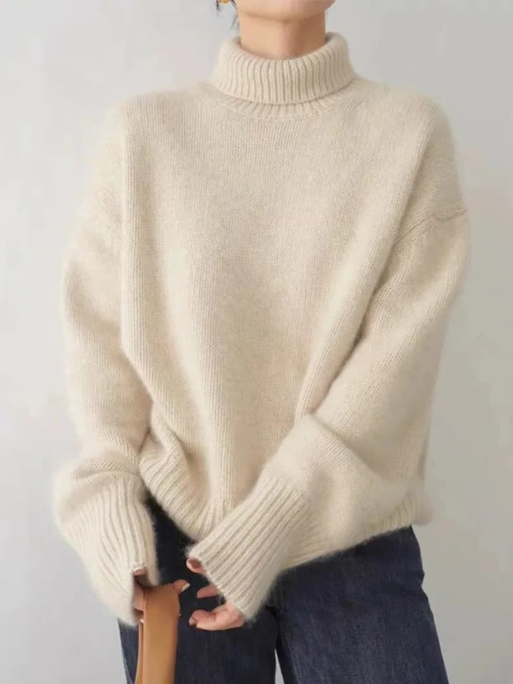 Women's ivory turtleneck sweater, slim-fit silhouette with smooth soft knit and high cozy neckline