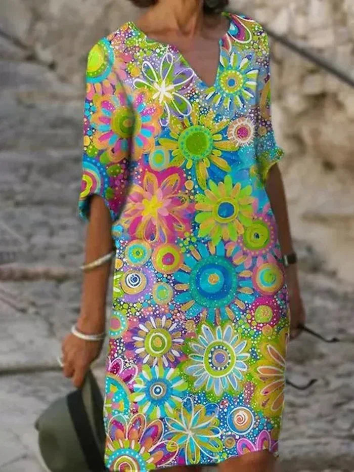 Women's floral elegant evening dress with tummy control, vibrant multicolor print and graceful flowing silhouette