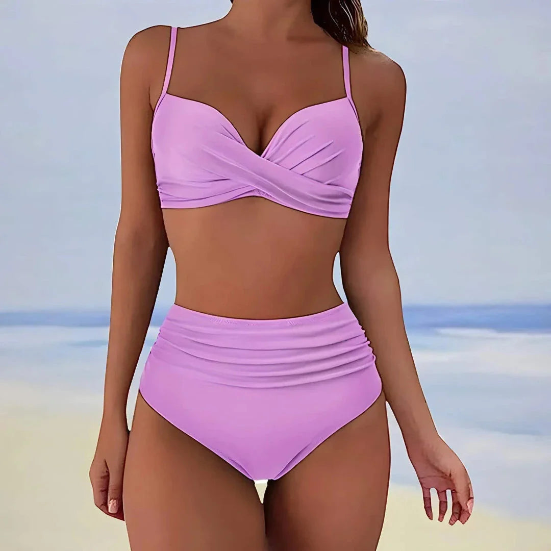 Twist-Front High-Waisted Ruched Bikini Set