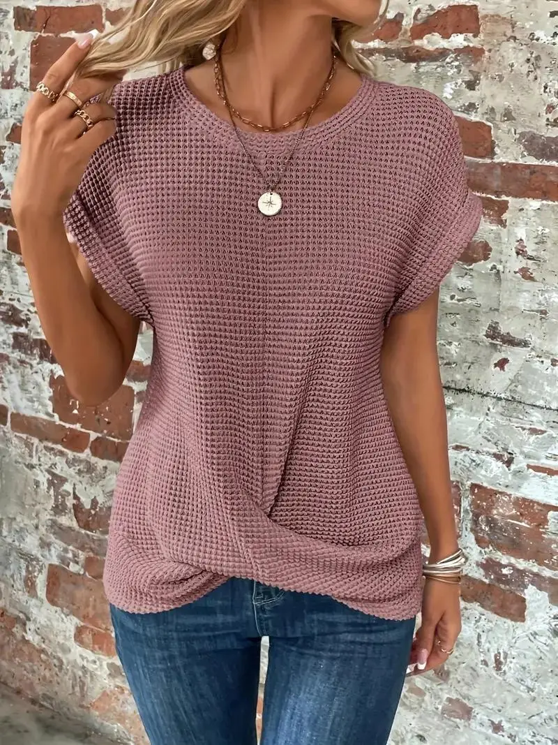 Women's white waffle knit tee relaxed fit with front twist hem detail