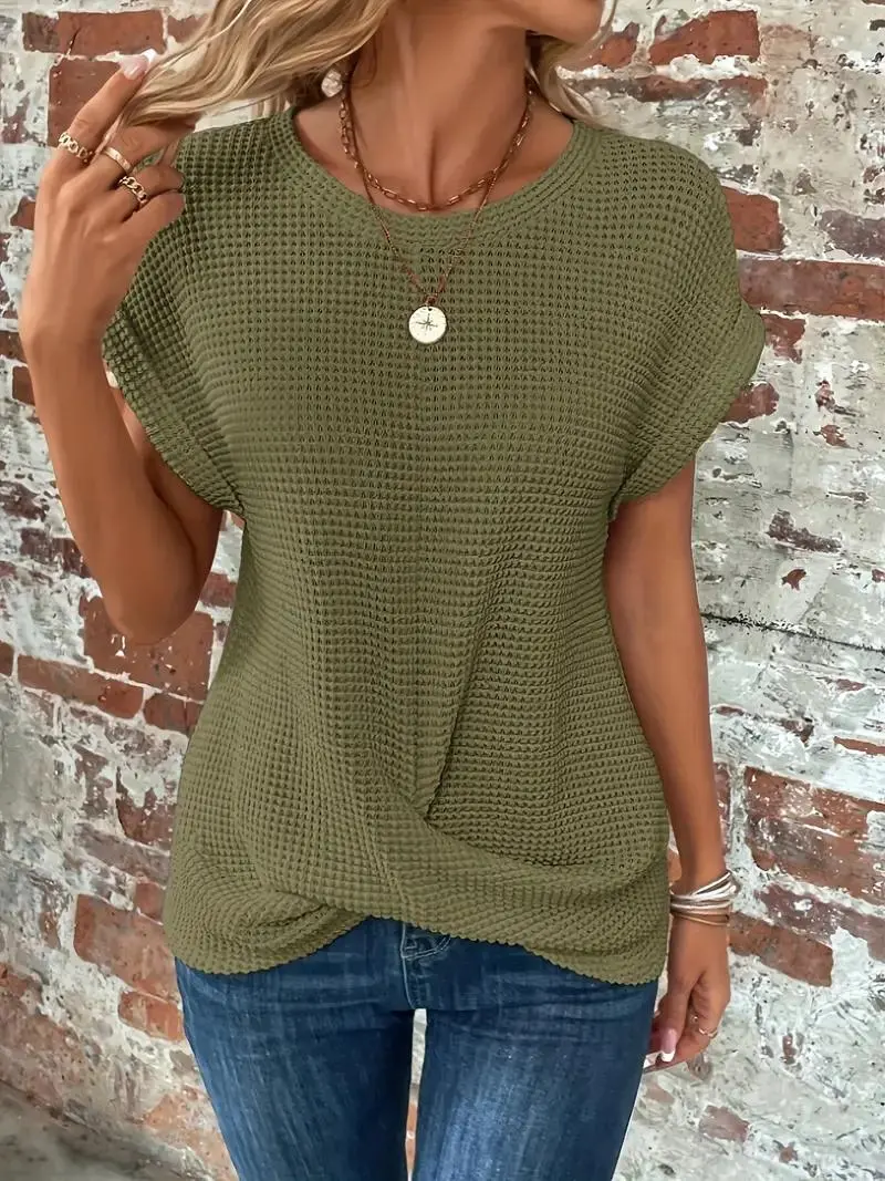 Women's white waffle knit tee relaxed silhouette with front twist hem detail