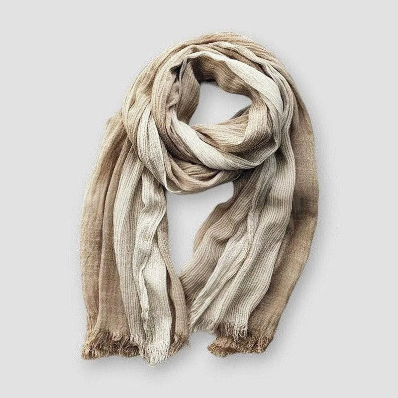 Two-tone textured fringe scarf in cotton-linen blend with subtle color contrast and fringed edges
