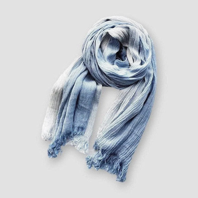Two-tone textured fringe scarf in cotton-linen blend with subtle color contrast and fringed edges