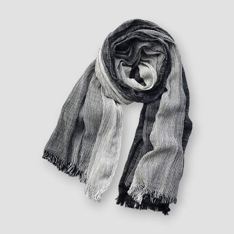 Two-tone textured fringe scarf in contrast colors, lightweight woven cotton-linen blend for layering