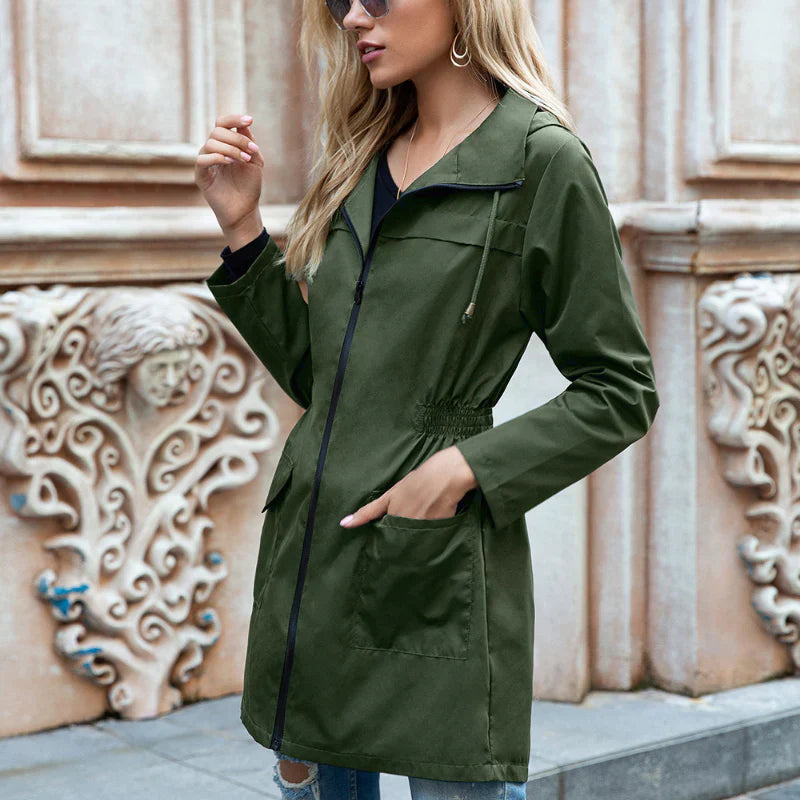 Women's lightweight hooded rain jacket with drawstring waist, weatherproof casual style