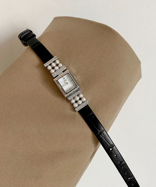 Montres uniques en cuir noir Hardlex Crystal Pearl Zircon - Wavlynn