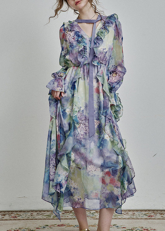 Robe longue en mousseline de soie bleue unique à col en V et volants, imprimée, printemps - Wavlynn