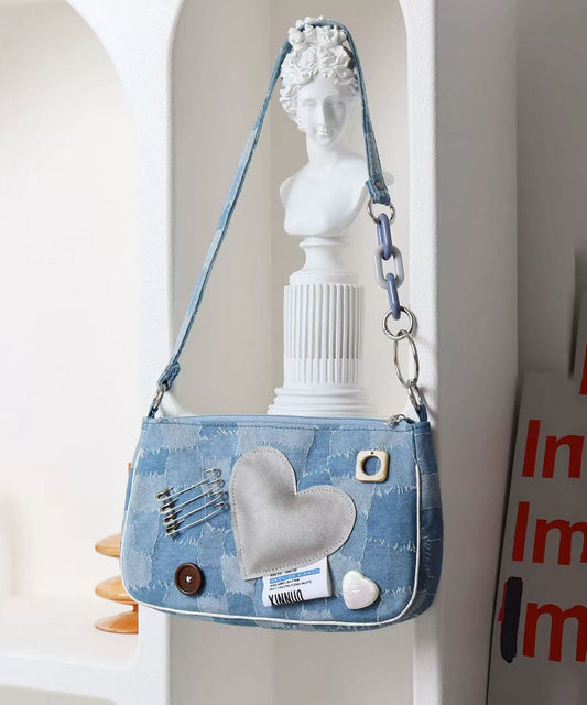 Sacs à main bandoulière uniques en denim bleu imprimé patchwork Love - Wavlynn