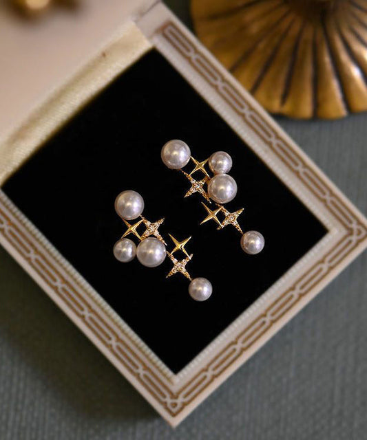 Boucles d'oreilles à tige en argent sterling et perles dorées uniques - Wavlynn