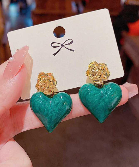 Boucles d'oreilles pendantes uniques en alliage vert émaillé rose Love - Wavlynn