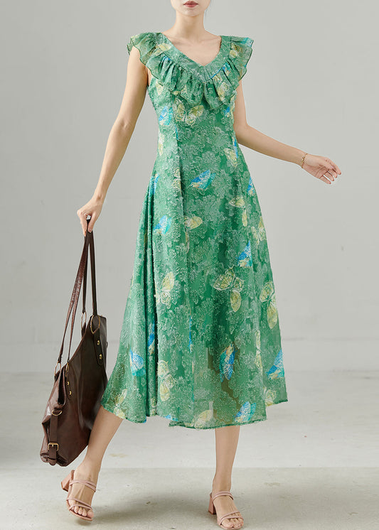 Robe longue en soie à volants verts unique pour l'été - Wavlynn