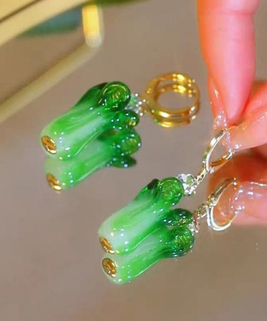 Boucles d'oreilles pendantes uniques en argent sterling vert avec glaçure colorée en forme de chou chinois - Wavlynn