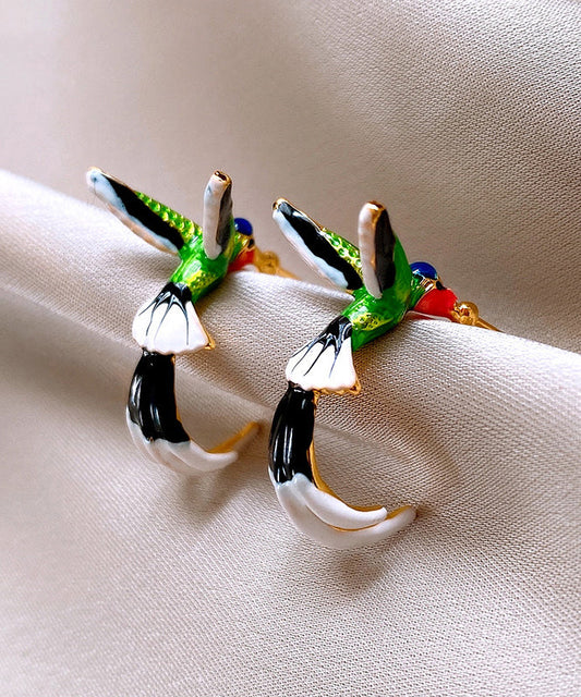 Boucles d'oreilles créoles uniques en cuivre émaillé multicolore à motif de petits oiseaux - Wavlynn