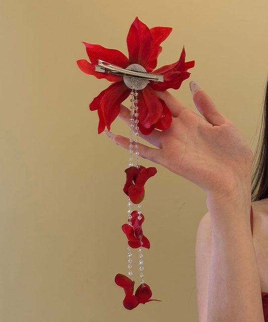 Épingle à cheveux unique en forme de pompon avec perles de rocaille florales rouges - Wavlynn