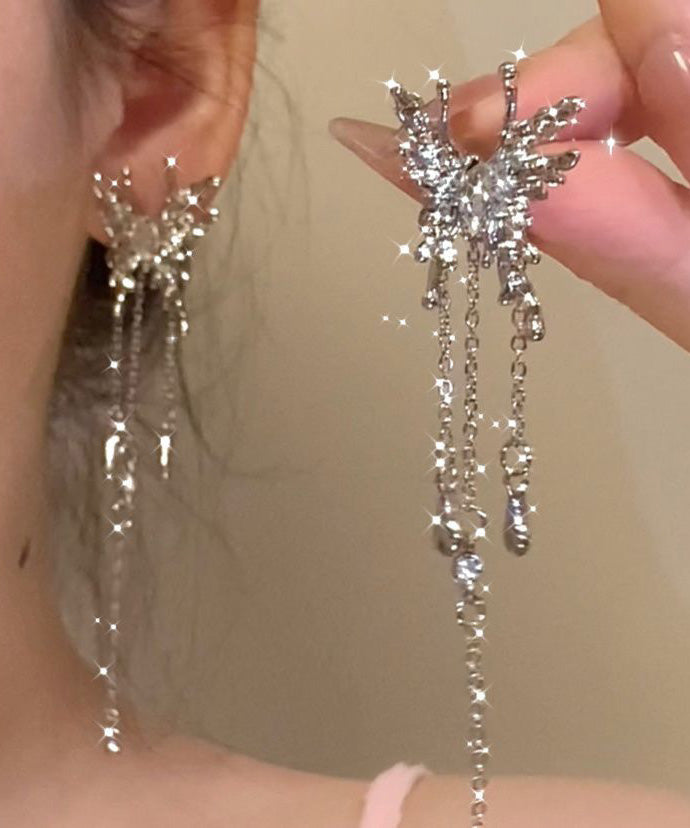 Boucles d'oreilles pendantes uniques en alliage de métal et soie avec pampilles papillon et zircon - Wavlynn