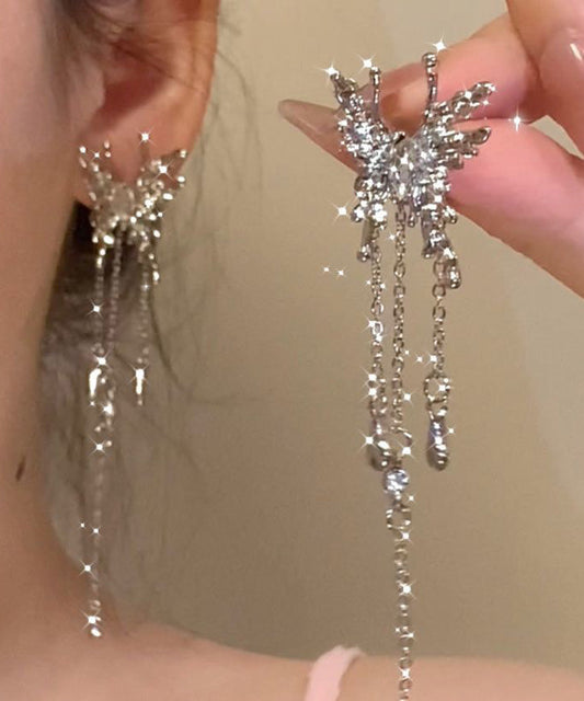 Boucles d'oreilles pendantes uniques en alliage de métal et soie avec pampilles papillon et zircon - Wavlynn