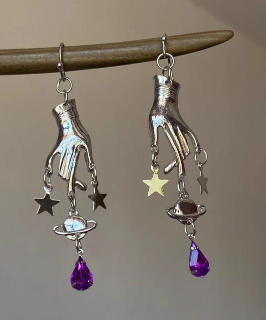 Boucles d'oreilles pendantes uniques en soie, acier inoxydable et cristal, ornées d'une étoile à cinq branches. - Wavlynn