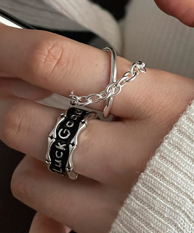 Ensemble de deux bagues uniques en argent sterling et soie, motif patchwork graphique - Wavlynn