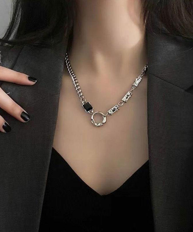 Collier sautoir asymétrique unique en soie, argent sterling et obsidienne patchwork - Wavlynn