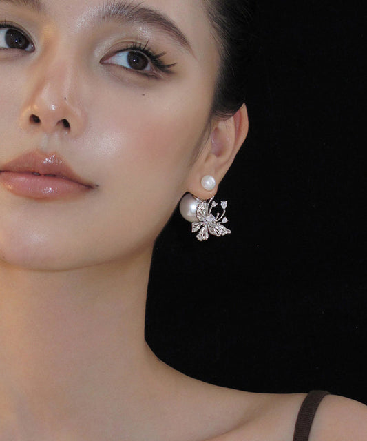 Boucles d'oreilles papillon uniques en argent sterling avec perles blanches - Wavlynn