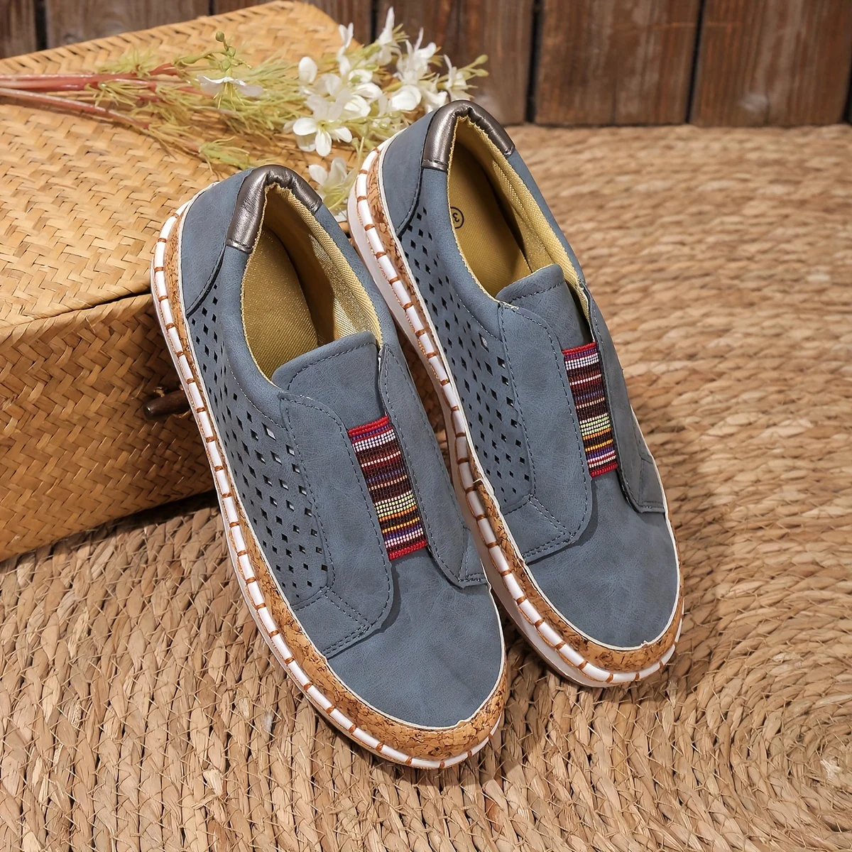 Men's brown faux leather orthopedic slip-on loafers with perforated cork sole and round toe