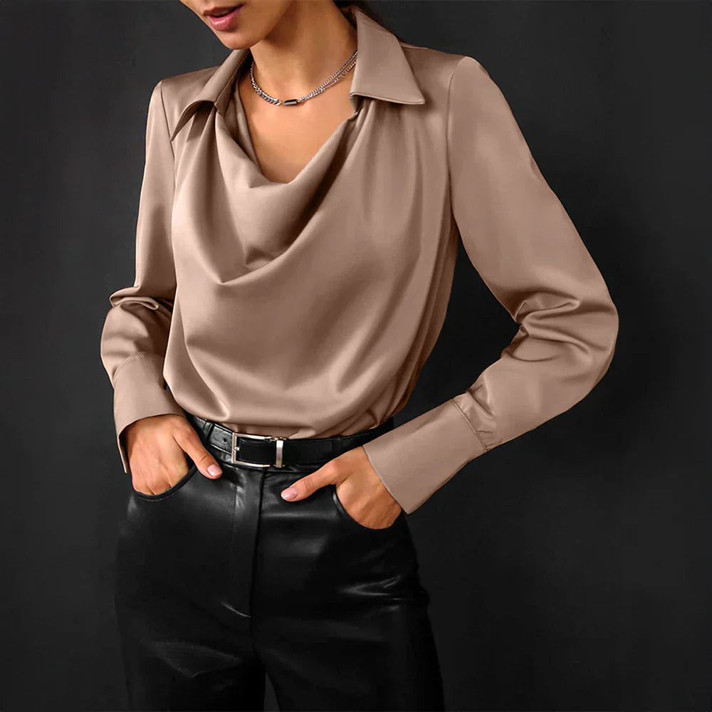 Women's satin blouse drape neck long sleeve ivory chic office-to-evening silky elegant top
