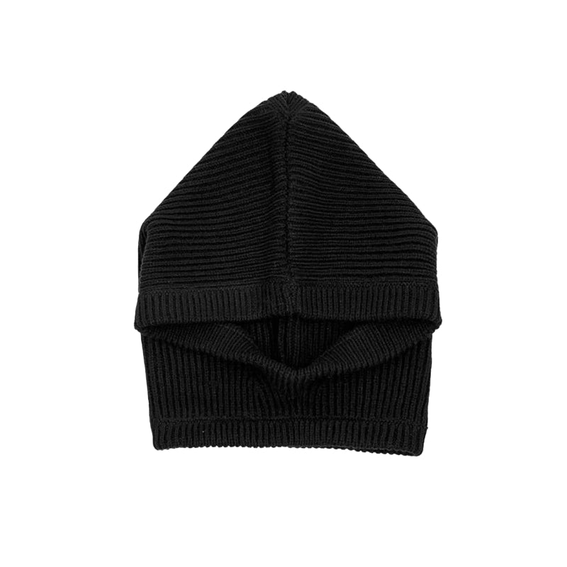 Black knit cotton balaclava hoodie with integrated mask and brimless windproof urban design