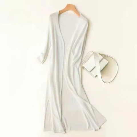 Women's open-front longline cardigan relaxed fit lightweight layering piece in neutral tone