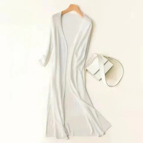 Women's lightweight open-front knit poncho cardigan, relaxed draped silhouette with breathable silk-blend fabric