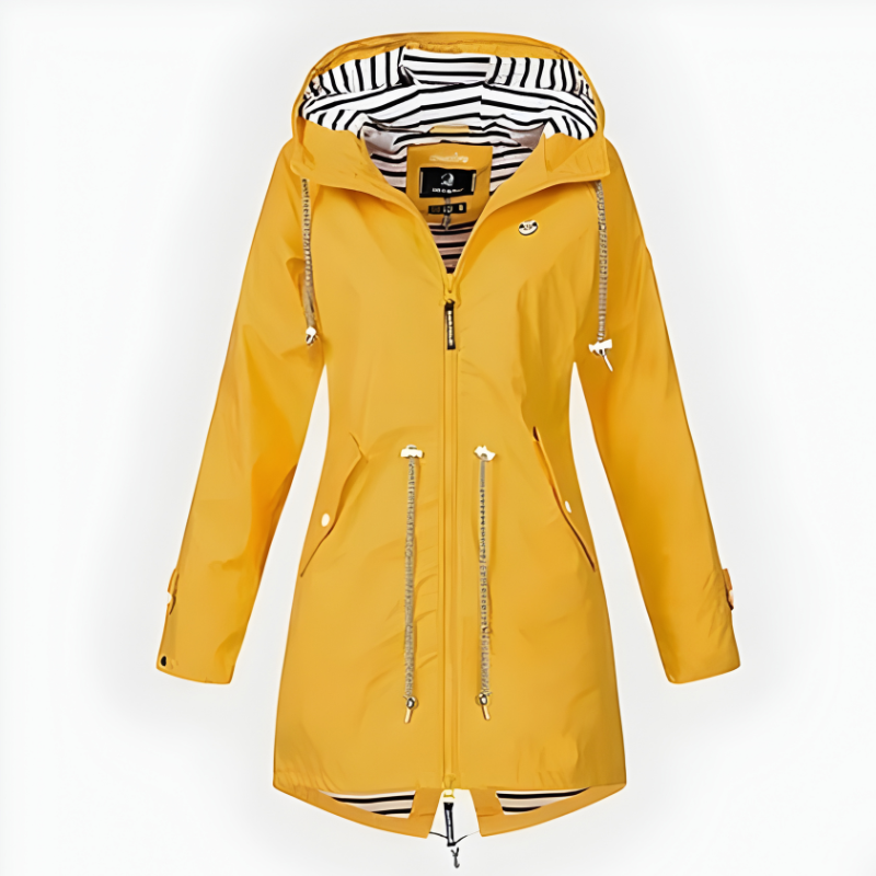 Women's long waterproof hooded rain jacket windproof full coverage outdoor coat with extended cut