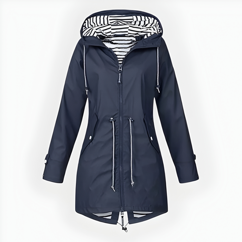 Women's long waterproof hooded rain jacket windproof full coverage outdoor coat stylish extended cut