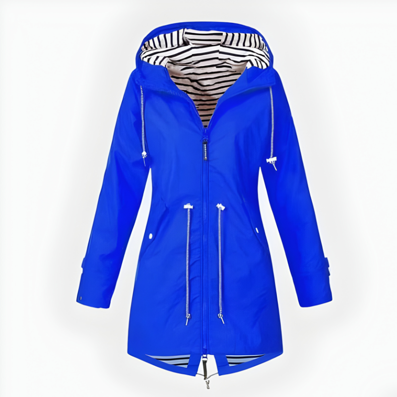 Women's long waterproof hooded rain jacket windproof full coverage outdoor coat elegant extended cut