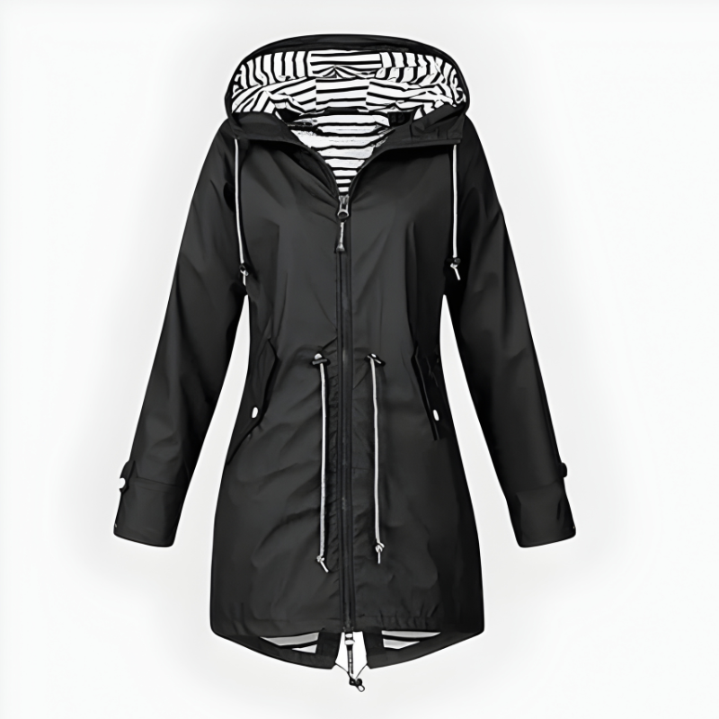 Women's long waterproof hooded rain jacket windproof full coverage outdoor coat elegant extended cut