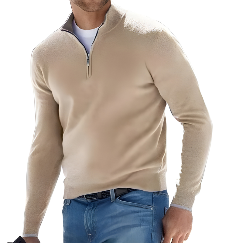 Men's cashmere zip-up sweater in neutral tone, slim business casual fit with clean zip collar