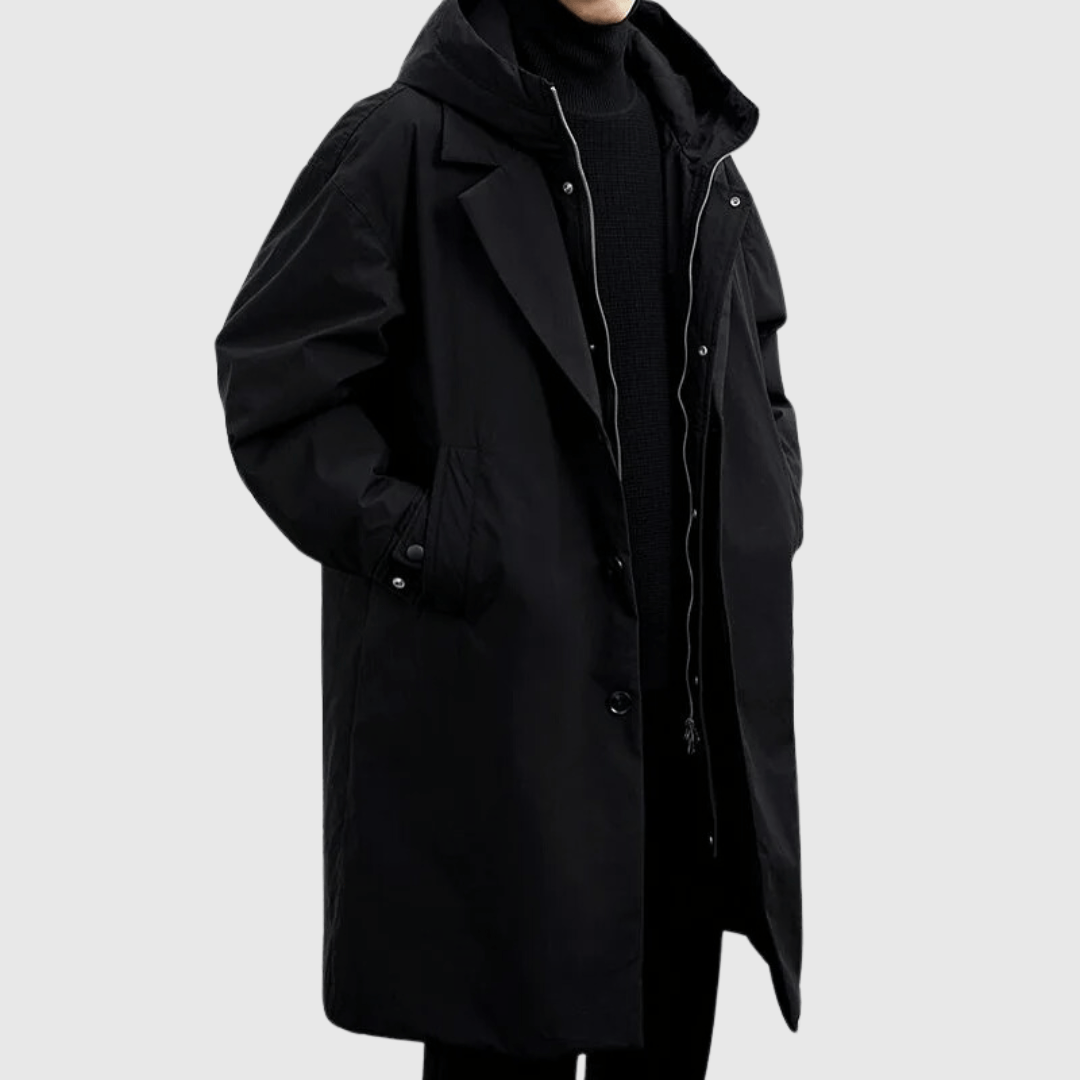 Men's oversized knee-length hooded coat weather-resistant woven blend relaxed contemporary silhouette