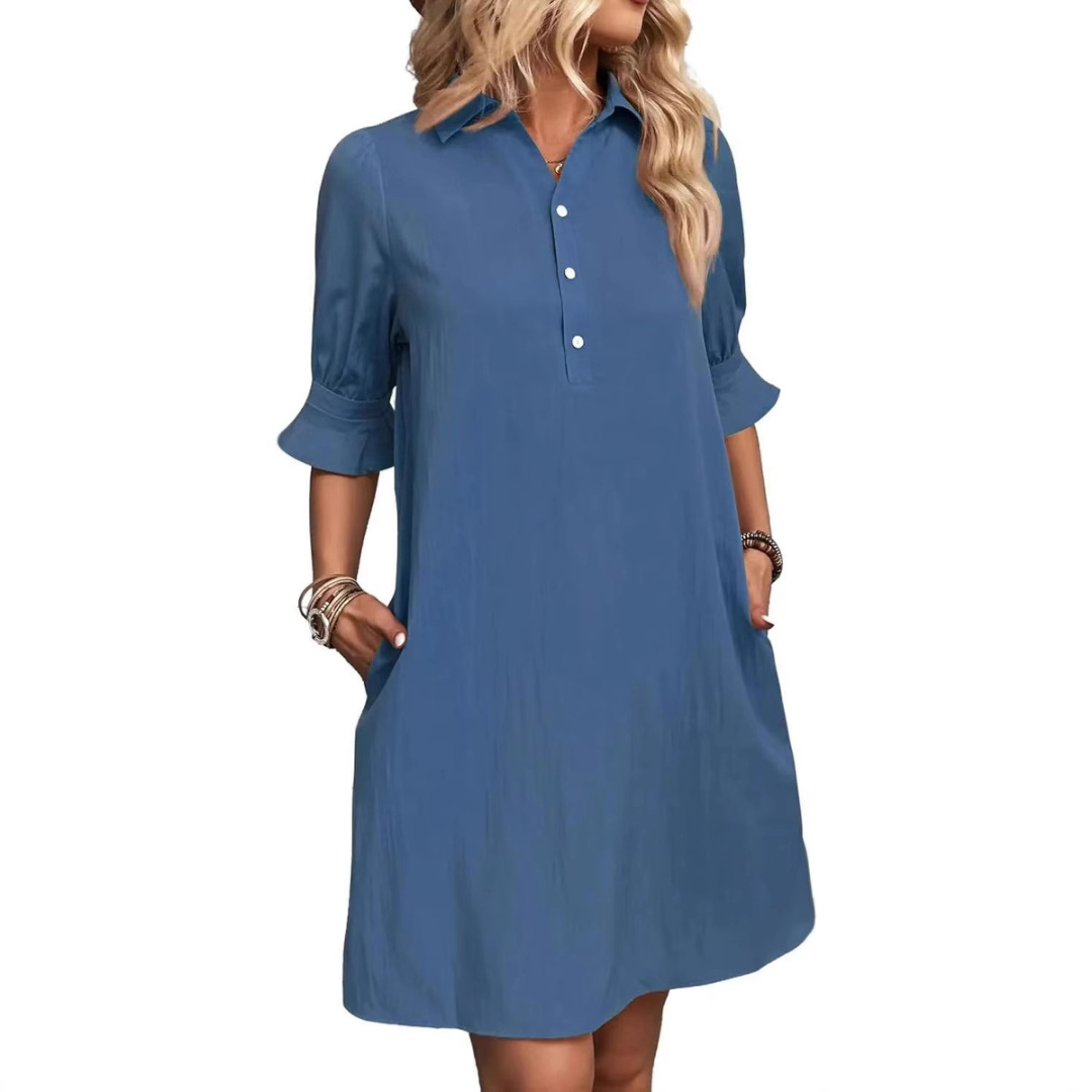 Beige button-down shirt dress with flattering silhouette and classic front button closure
