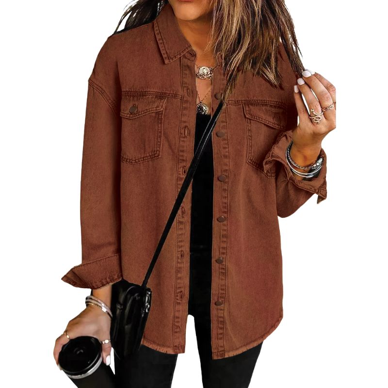 Washed denim shirt jacket with relaxed fit and raw fringe hem for casual street-ready layering