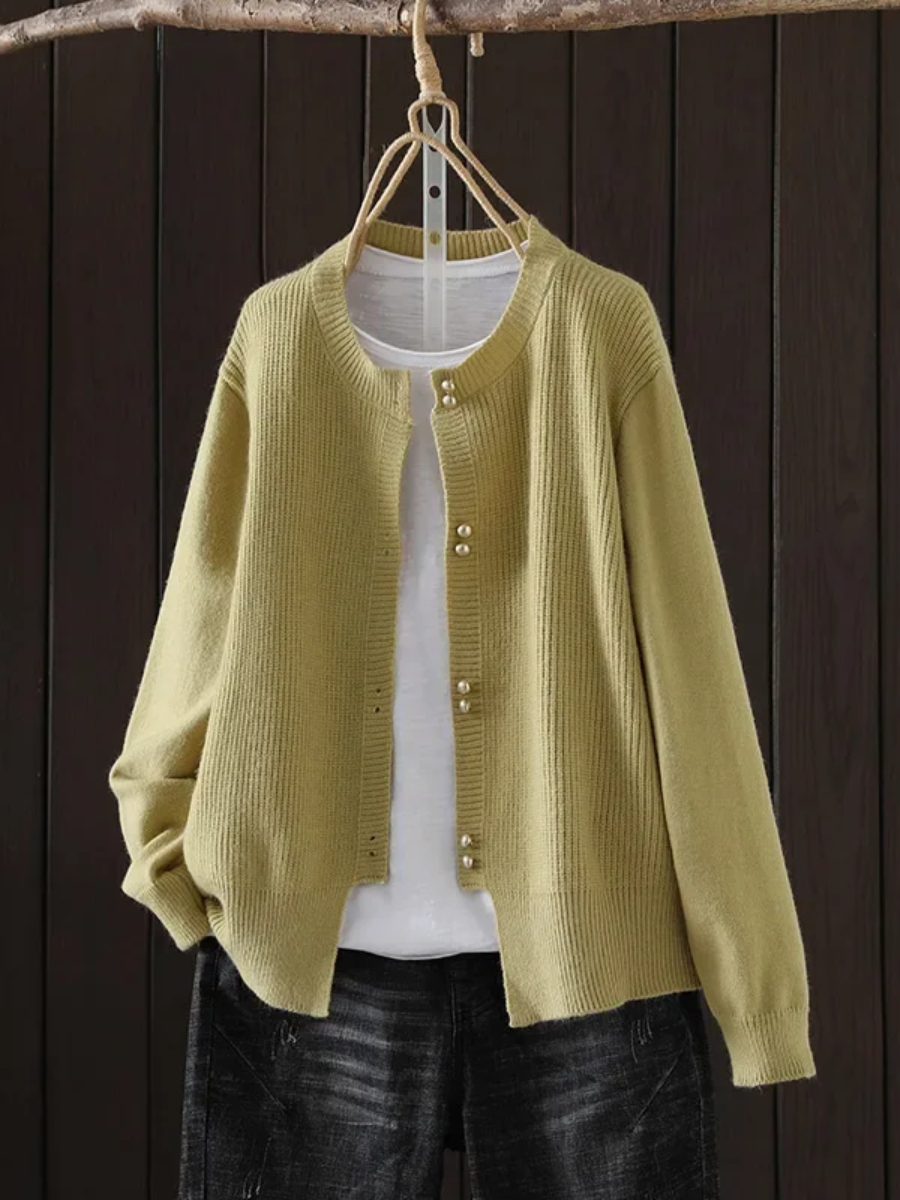 Josephine soft cozy cardigan in neutral tones with flattering silhouette and elegant everyday layering style