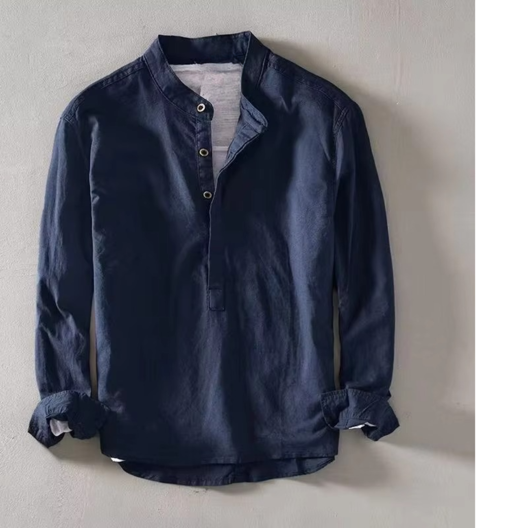 Men's linen blend casual shirt stand collar long sleeve breathable lightweight summer top