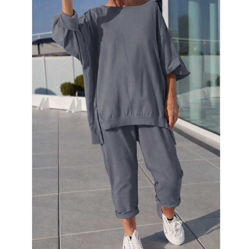 Gilda soft neutral loungewear two-piece set with relaxed fit and effortless coordinated style
